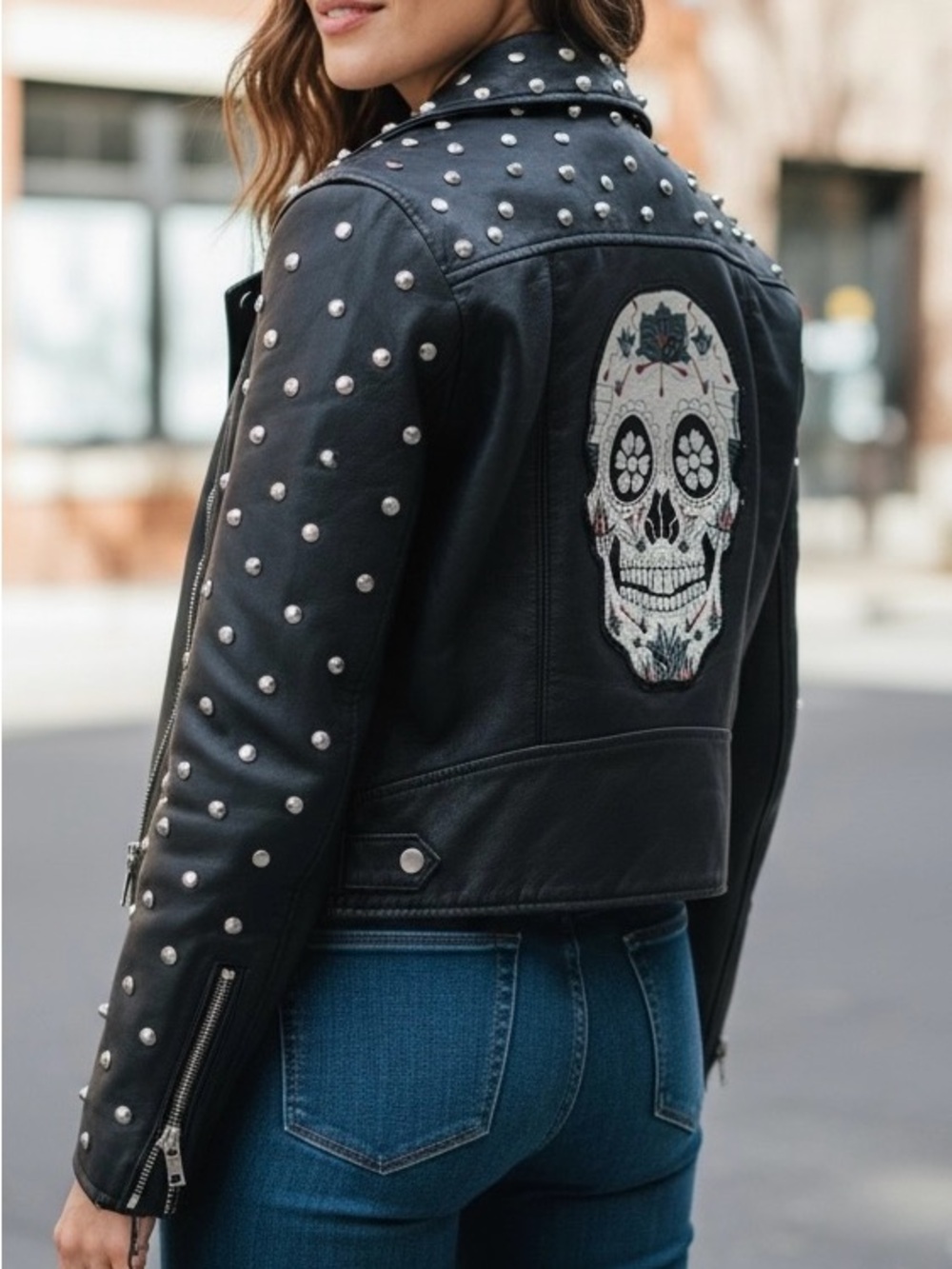 Zara Black Studded Leather Jacket with Embroidered Sugar Skull Back